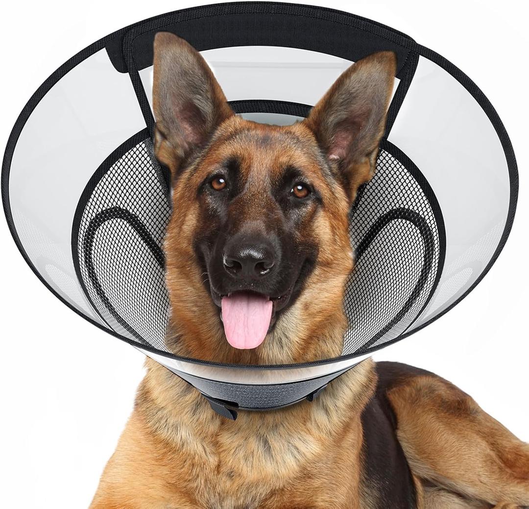 Dog Cone Collar for Large Dogs After Surgery, Mesh Windows PVC Transparent E Collar for Dog, Anti-Bite Lick Wound Healing Neuter Safety Practical Comfy Plastic Cone XL (Gray)