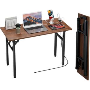 TEMI Small Computer Desk Folding Table - No Assembly, Compact 43.3" Foldable Desk with Power Outlets & USB Charging Port, Portable Small Office Desk, Ideal Mini Study Table for Narrow Spaces, Walunt