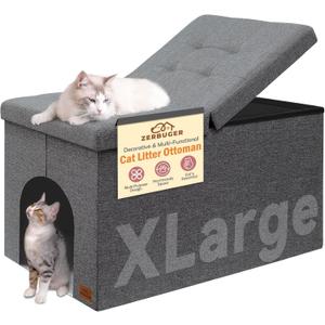 Cat Litter Box Enclosure Furniture for Odor Control, Hidden Cabinet Cats Litter Ottoman with Flip-Up Lid,Cat Litter Box Bench with Storage Space, Dog Proof(Grey, X-Large)