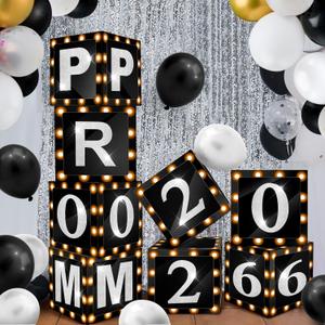 Sinmoe 8 Pcs 2026 Prom Graduation Boxes Decoration Photo Booth Border Lighting 12'' Column Standup with 2026 Prom Letters Graduation Props Backdrop Decor for Party Supplies(Black and Silver)