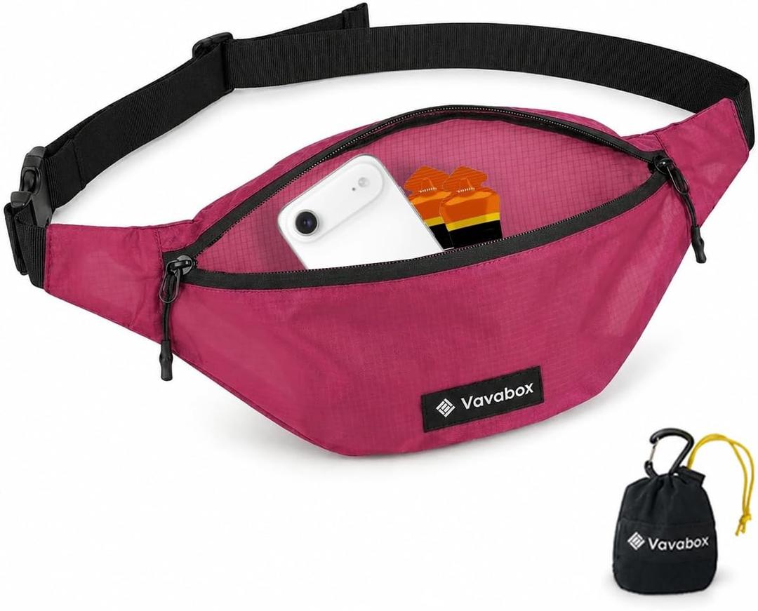 Vavabox Extremely Lightweight Running Belt for Men Women, Fanny Pack Travel Bum Bag with 2 Zippers, Water-Resistant Waist Bag for Running Walking Hiking (Rose Pink)