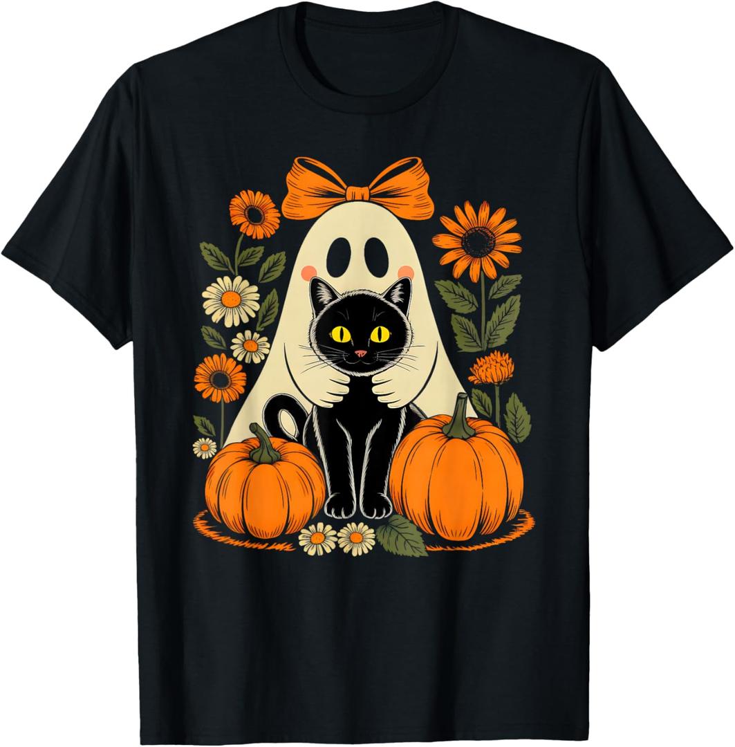 Retro Floral Ghost Coquette Bow Pumpkin Halloween Black Cat T-Shirt