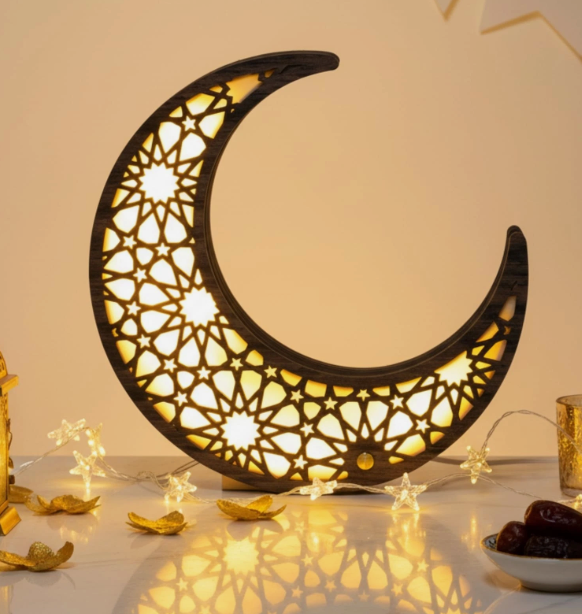 Yookeer Crescent Moon Lamp Wooden Eid Table Night Light Decor
