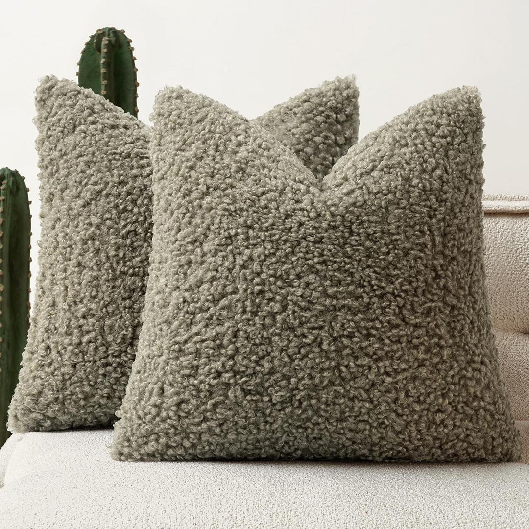 Faux Fur Throw Pillow Covers 20x20 Inch Set of 2 Boucle Neutral Decorative Sherpa Fuzzy Accent Soft Sheepskin Fleece Cushions Modern Home Decor for Couch Sofa Bedroom Living Room,Sage Green