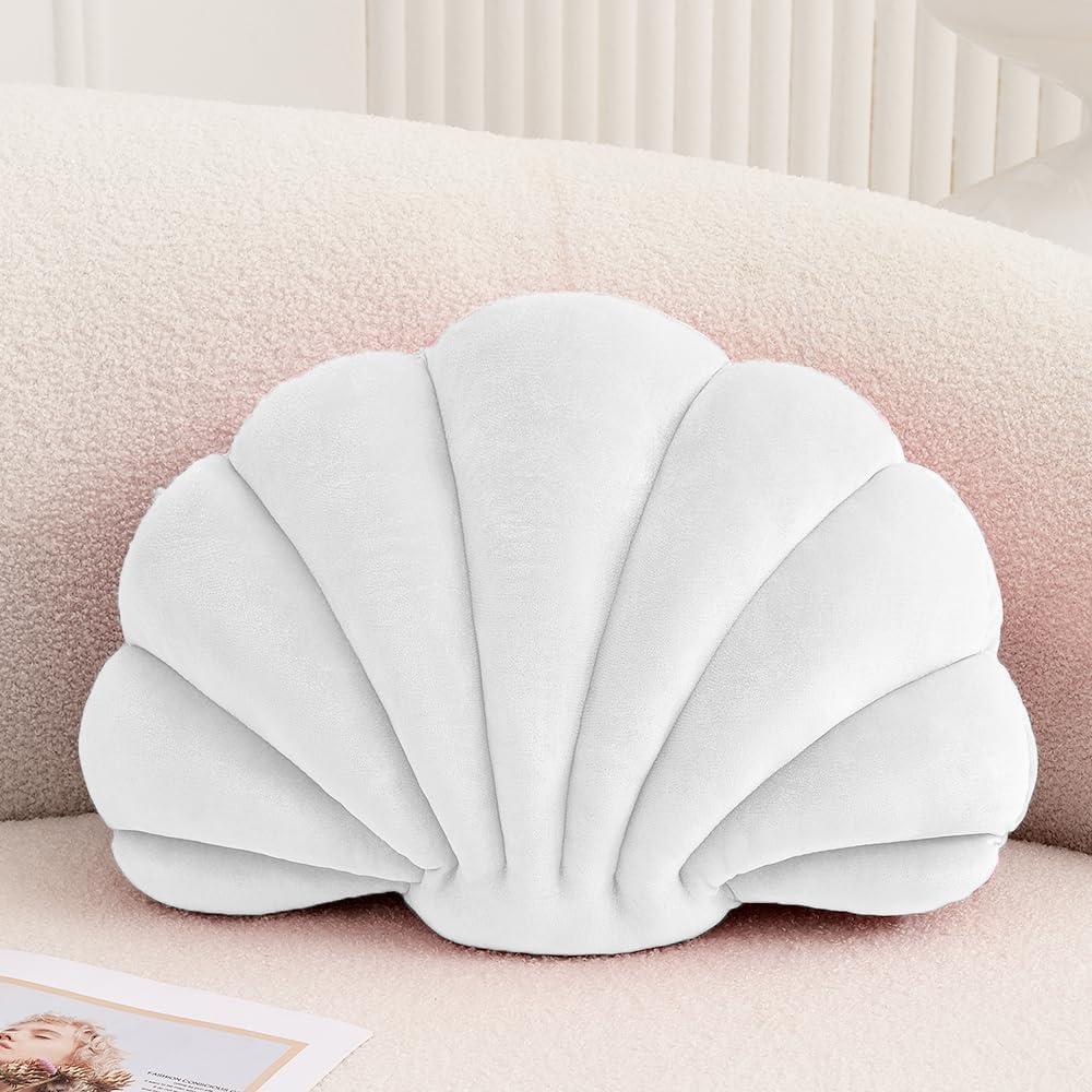 Seashell Decorative Pillow Shell Shaped Throw Pillow 3D Insert Beach Pillow Soft Velvet Pillow Sea Ocean Decoration Couch Bed Pillow Cushions(White,18 X 13 inch)