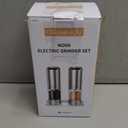 CIRCLE JOY Rechargeable Electric Salt and Pepper Grinder Set with Base, Stainless Steel Pepper Mills with 95ml Container, White LED Light and External Adjustable Coarseness, Silver