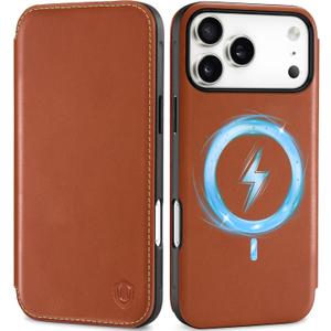 SHIELDON Slim Real Leather Case Wallet for iPhone 17 Pro Max 6.9 Inch 5G 2025 | Wireless Charging | RFID Blocking Card Holder | Folio Magnetic Closure | Shockproof Cover | Retro Brown