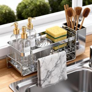HoMaNa Sponge Holder for Kitchen Sink, Stainless Steel Sink Caddy Organizer, 30 Tilt Self-Drainage, Sponge Holder with Dish Brush Holder, Removable Dishcloth Rack for Kitchen Storage Box, Silver