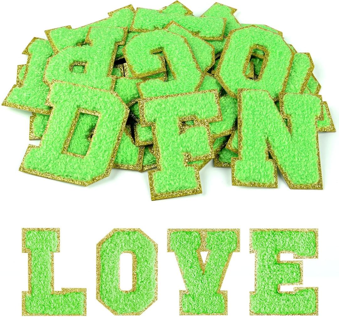 Morcheiong 26Pcs Self Adhesive Chenille Letter Patches A-Z, Chenille Letters for Clothing, Fabric, Shoes, Bags (Bright Green)