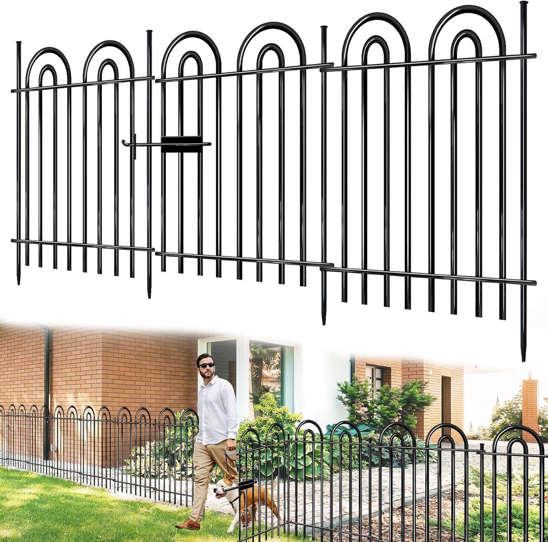 10 Panels Garden Tube Fence with Gate, 36in(H)×21.6ft(L) Tall No Dig Fence Animal Barrier, Heavy Duty Metal Decorative Garden Edging Border, Ground Defense Temporary Fencing for Outdoor Yard, Black