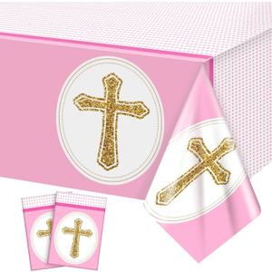 2 x Oudain 2 Pcs Girls First Communion Decorations Tablecloths Pink Baptism Communion Cross Table Covers Newborn Baby Girl Shower Table Cloth for 6 or 8 Foot Bible Party Decor