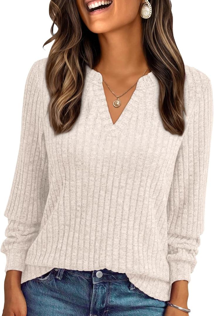 AUTOMET Womens V Neck Long Sleeve Shirts Casual Lightweight Tunic Sweaters Fall Fashion Tops Trendy Dressy Clothes 2025 (Small, Apricot)