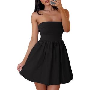 ZESICA Women's Summer Strapless Mini Dress 2026 Casual Off Shoulder A Line Swing Boho Beach Vacation Party Short Dresses (Black, M)