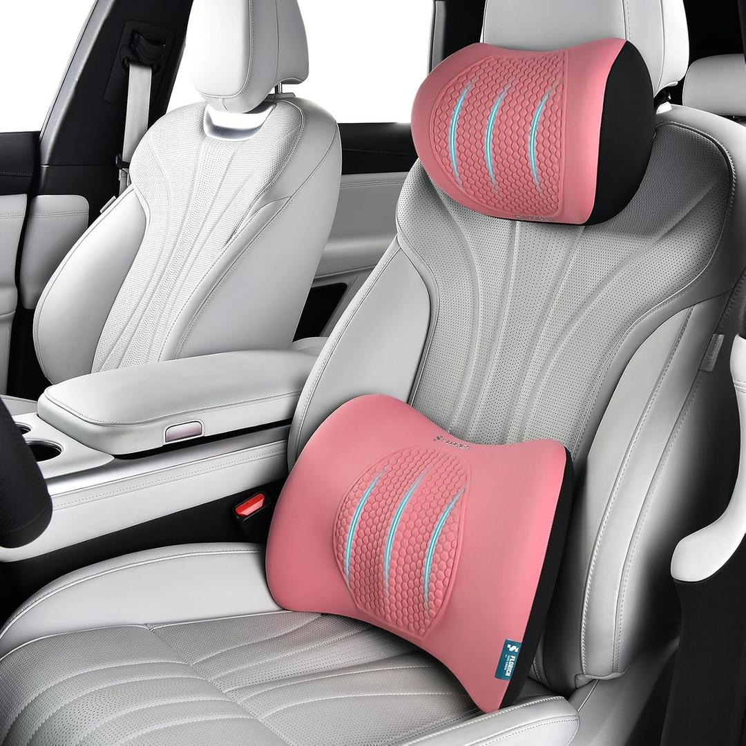 FLORICH Lumbar Support with Car headrest Back Pillow for Chair Headrest Pillow with Gel Memory Foam Massage Point Memory Foam Back Pillow for Office Chair(Pink), 2pc-1