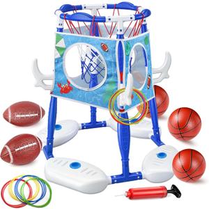 Pool Basketball Hoop 3-in-1 Basketball Football Ring Toss Games Pool Toys with 5 Balls, Floating Basketball Hoop for Pool for Kids & Adults Indoor Outdoor