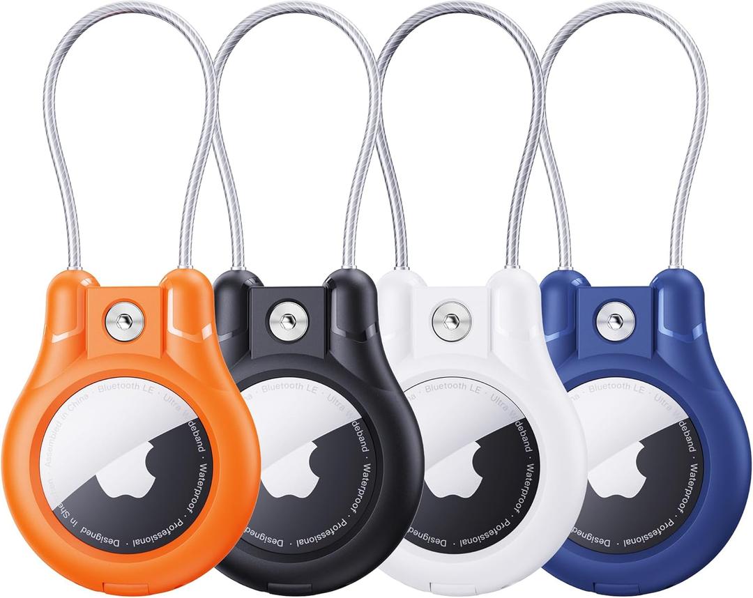 IPX8 Waterproof for AirTag Holder - 4 Pack Lock Case with Keychain for Apple AirTag 1st & 2nd Generation, Air Tag Keyring with Wire Cable, Secure AirTag Cover for Keys, Kids, Luggage, Bags, Pet Collar (BLACK+BLUE+WHITE+ORANGE)