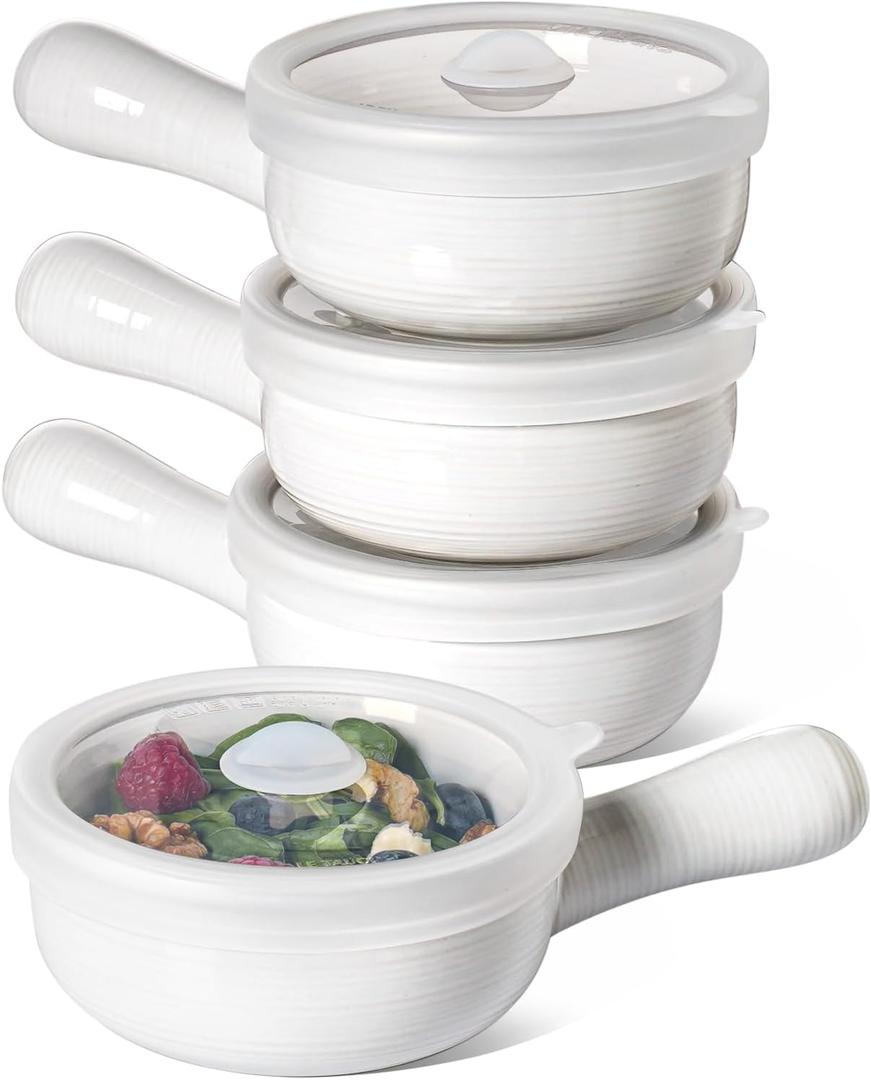LE TAUCI Soup Bowls with Silicone Lids and Handles, 15 Oz French Onion Soup Bowls, Non-Toxic Ceramic Soup Crocks for Noodles, Stew, Cereal and Chilli, Oven Microwave Dishwasher Safe, Set of 4, White