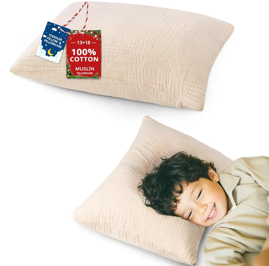Pro Goleem Toddler Pillow with Muslin Cotton Pillowcase, 13x18 Soft Toddler Pillows for Sleeping Kids Pillow Child Pillow Machine Washable Perfect for Bed, Toddler Cot and Travel, Beige