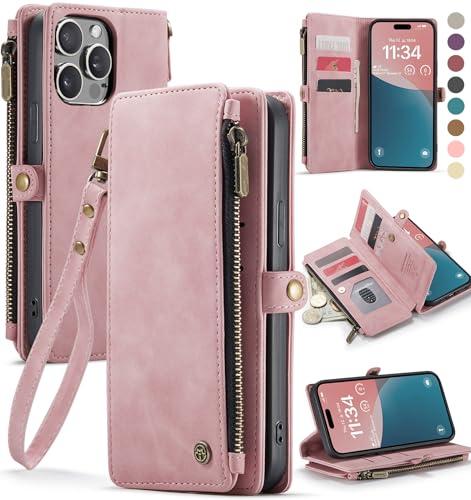 Defencase Compatible with iPhone 13 Pro Max Case Wallet with RFID Blocking Card Holder for Women Men, PU Leather Magnetic Snap Flip Zipper Strap Wallet Phone Case Fit for iPhone 13 Pro Max, Rose Pink