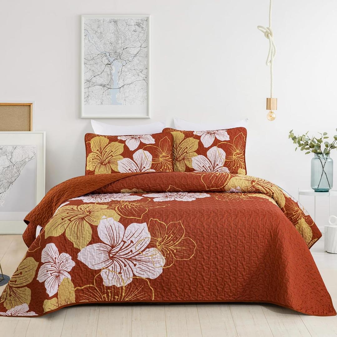DJY 3 Pieces Quilt Set California King Gold Floral Pattern Quilt Coverlet Set Boho Floral Bedspread with 2 Pillow Shams Elegant Flower Bedding Quilt Set for Teens Adults (Terracotta, 106"x 96")