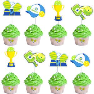 Cheereveal 24 Pieces Pickleball Cupcake Toppers, Pickleball Rackets Text Logos Cupcake Picks, Pickball Birthday or Retirement Party Decoration Supplies (Green)