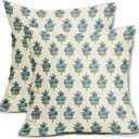 Sage Green Blue Floral Block Print Pillow Covers 20x20 Set of 2 Spring Flower Pattern Decorative Throw Pillowcases Outdoor Rustic Farmhouse Square Cushion Cases Decor for Home Couch Sofa Bed