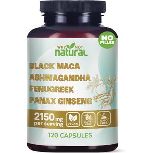 Why Not Natural 4-in-1 Organic Black Maca Root, Ashwagandha, Fenugreek, Panax Ginseng Capsules, Supplement for Men and Women, BBD 03/2028