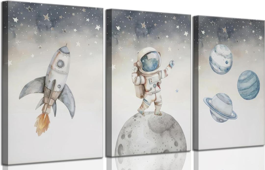 3 Pcs Space Nursery Canvas Wall Art Whimsical Outer Space Astronauts Kid Painting Pictures Wall Decor Poster Print Artwork for Boys Room Girls Room Kids Room Decoration, 24L"x16W"