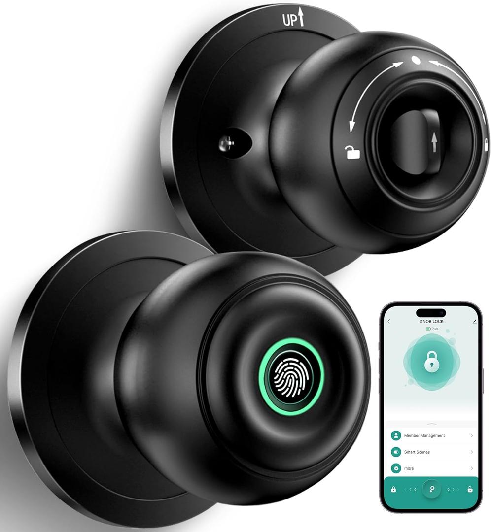 Fingerprint Door Lock, Smart Fingerprint Door Knob with Lock, Biometric Door knob with App Control & Key, Keyless Thumbprint Entry Door Lock for Bedroom, Front Door, Home, Apartment Office-Matte Black