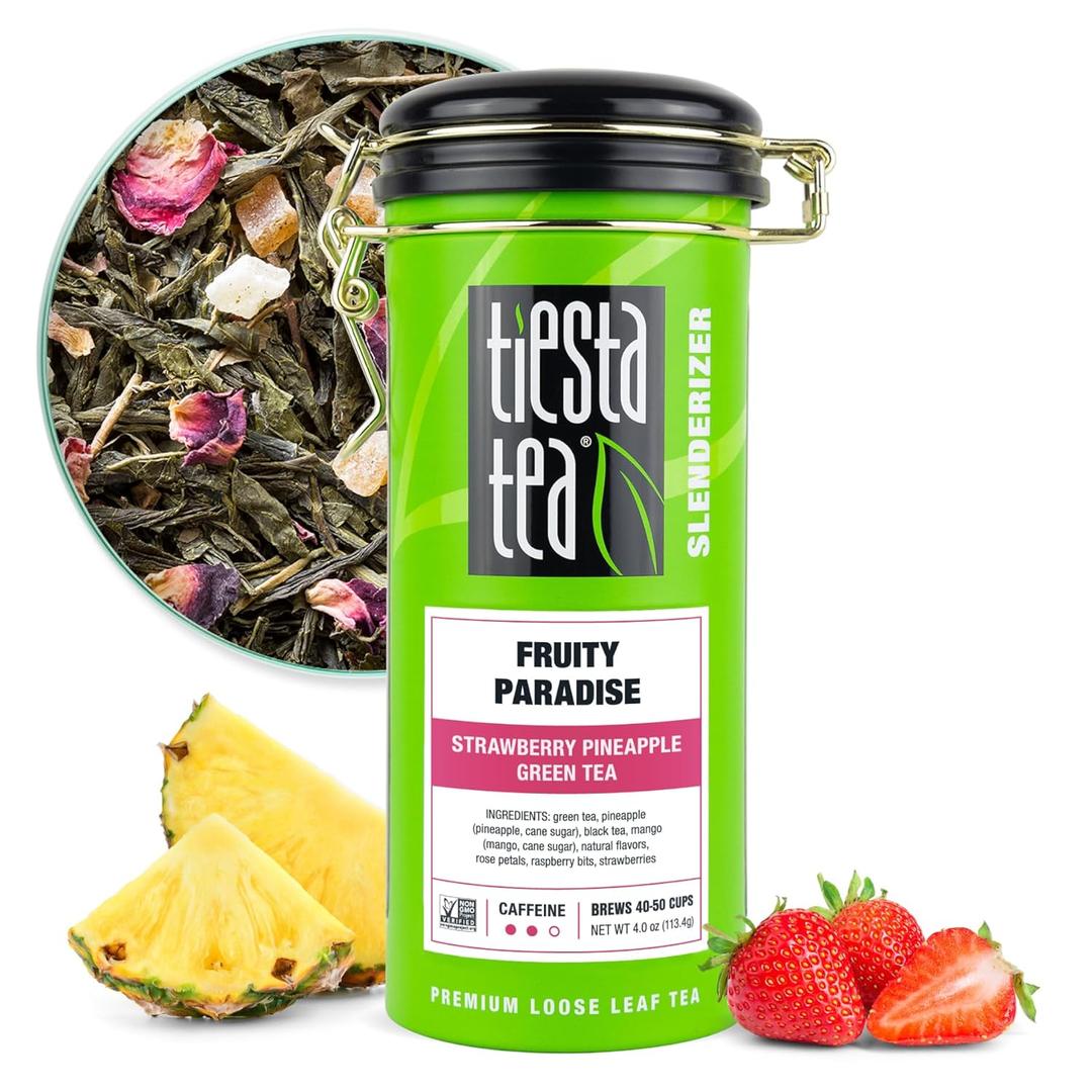Tiesta Tea - Fruity Paradise, Loose Leaf, Strawberry Pineapple Green Tea, Premium Blend, Medium Caffeinated Green, Make Hot or Iced & Brews Up to 50 Cups, 4oz Refillable Tin (EXP 04/13/28)