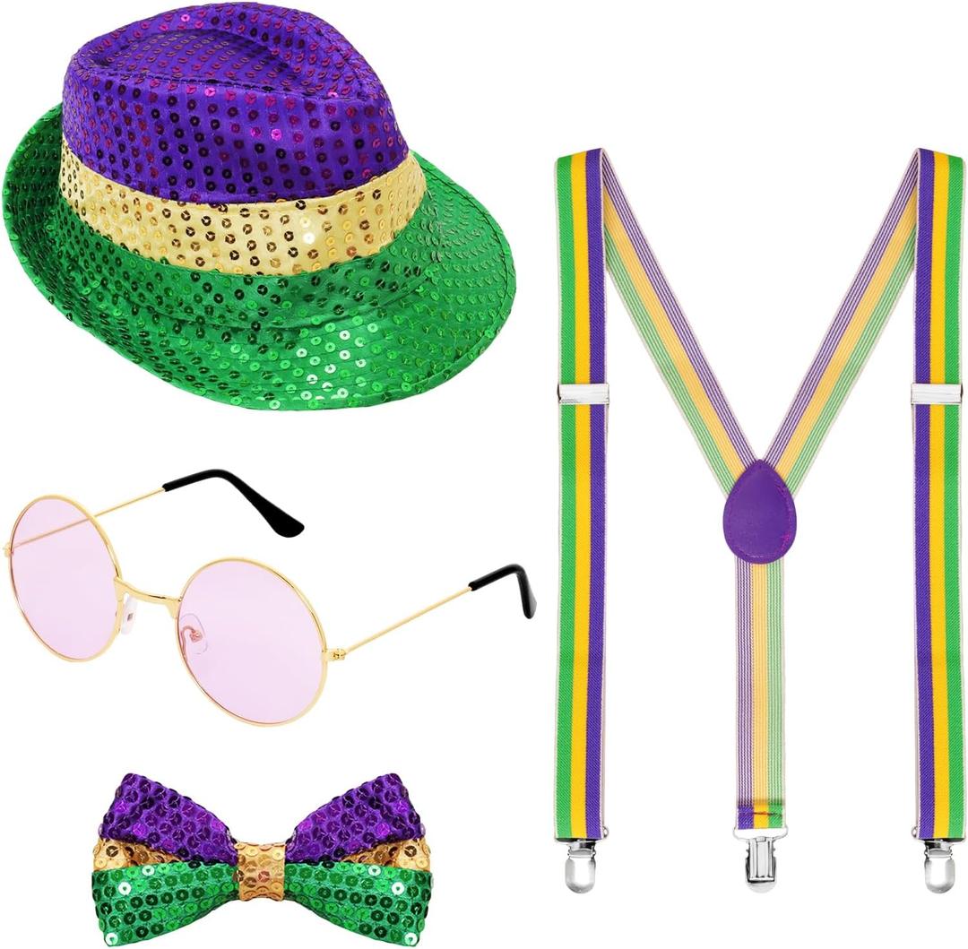 Fumwase 4PCS Mardi Gras Accessories Set for Men Women Sequin Hat Bow Tie Sunglasses Costume Suspenders