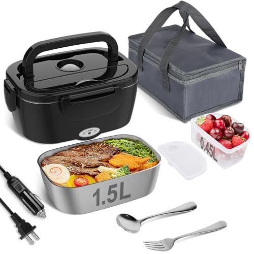 Vabaso Electric Lunch Box for Adults, 80W Heated LunchBox Portable Food Warmer Lunch Box for Work/Men/Car/Truck with 1.5L 304 Stainless Steel Container Fork & Spoon, 110V/12V/24V