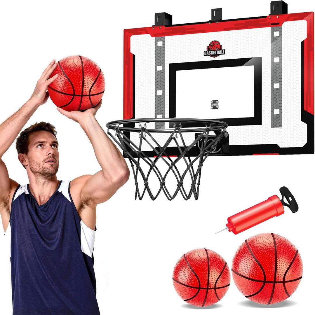 24" x 16" Indoor Large Basketball Hoop Toy - Upgraded Adjustable Height Basketball Hoop Over The Door with Complete Accessories, Basketball Toys Christmas Birthday Gifts for Kids & Adults(Red)