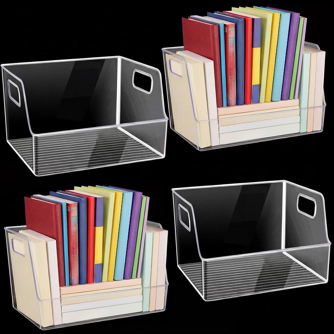 Menkxi 4 Pcs Clear Large Storage Book Display Case 13 x 8.5 x 5.9 Inch Book Organizer Stackable Bookcase Display Storage Containers with Handle Office Bookshelf Organizer Rack for CDs Magazine
