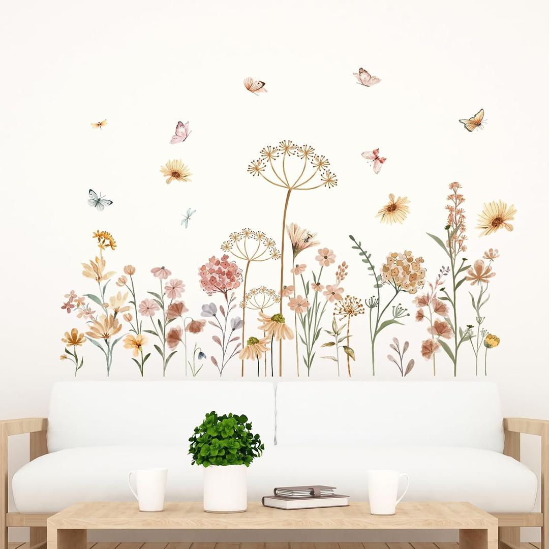 Boho Flower Wall Stickers - Wildflower Floral Dandelion Grass Plants Wall Decals - Baby Nursery Girls Bedroom Kids Room Living Room Wall Decor