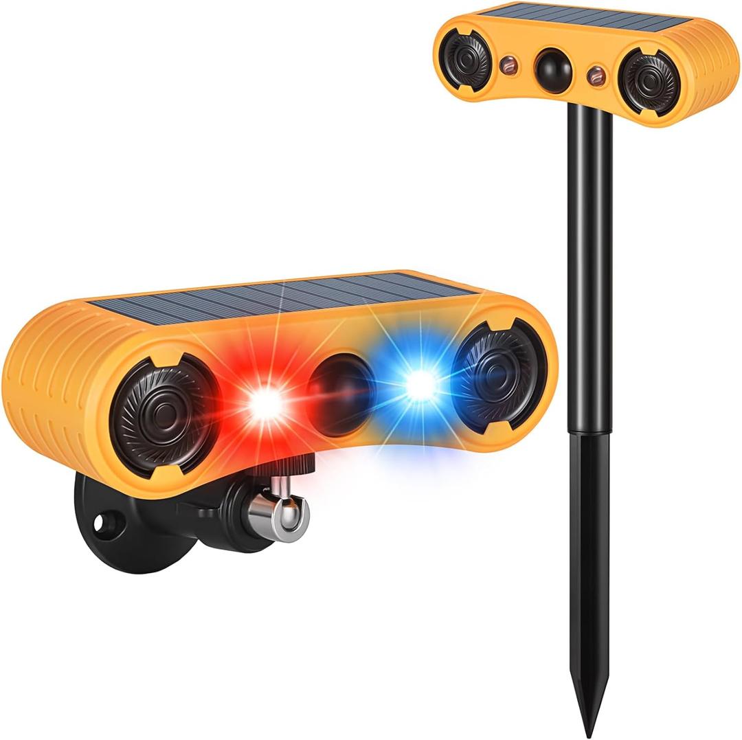 Solar Motion Sensor Alarm Outdoor, Red & Blue LED Strobe Light with 130dB Dual Speakers, 13 Loud Sounds Dog Barking & Siren, Continuous Loop Playback, 4 Working Modes for Home, Villa, Farm, Barn