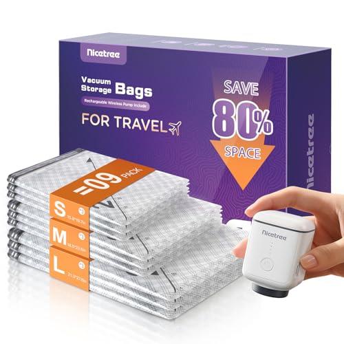 Nicetree 9-Pack Vacuum Storage Bags with Rechargeable Wireless Pump, 3 Sizes (20/24/28 Inch) Travel Vacuum Seal Bags for Clothing, Bedding & Seasonal Storage, Space Saver for Luggage