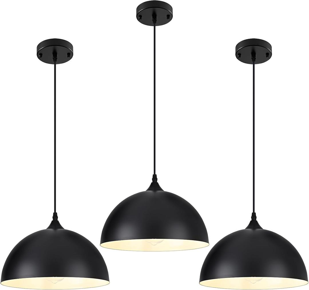 Black Pendant Light,11.8" Industrial Dome Pendant Lights Kitchen Island,Adjustable Farmhouse Hanging Lamp for Dining Room Bedroom Restaurant Bar Cafe,3 Pack