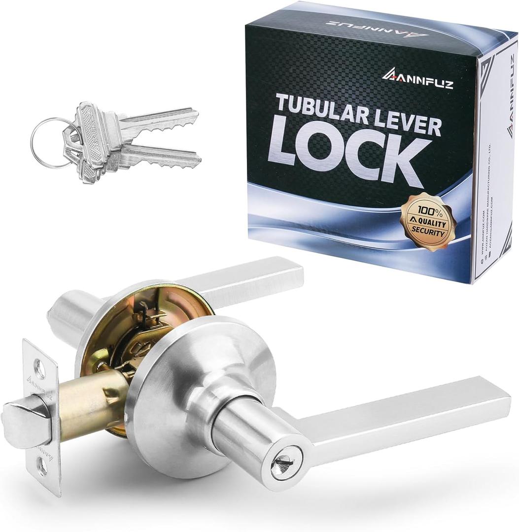 Entrance Door Handle Lock with Keys, Reversible for Right Left Side, Not Keyed Alike Entry Lever Lock Set, Turn-Thumb Locking, Perfect for Office, Interior Exterior Front Gate, Bedroom, Satin Nickel