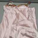 Sexy Satin Spaghetti Strap Floral Embroidered Maxi Dress for Women Sweetheart Neckline Backless Sleeveless Slit Midi Dress (Small, Pink)