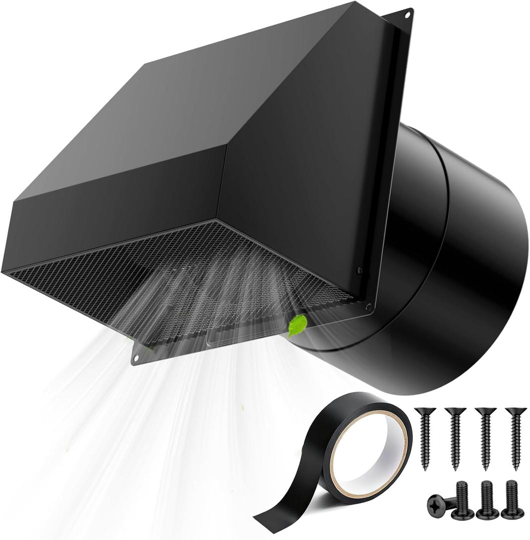 HG Power 8 Inch Hooded Wall Vent with Damper and Screen, Exterior Vent CoversGalvanized Steel Exhaust Vent, Exhaust Fan Cover for Kitchen Range Hood Ventilation, HVAC Duct Air Exhaust, Black