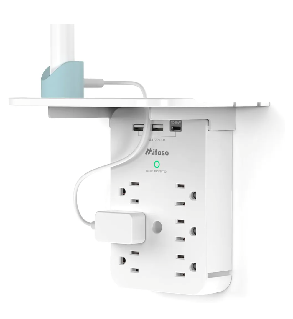 Outlet Extender with Shelf, Mifaso Surge Protector 6 AC Multi Plug Wall Outlets and 3 USB Ports, PD 20W USB-C Charger, Outlet Splitter for Bathroom Home