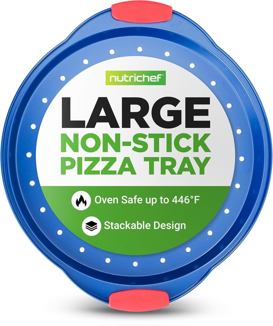 NutriChef 13-Inch Nonstick Pizza Tray - Round Carbon Steel Non-Stick Pizza Baking Pan with Perforated Holes, Premium Bakeware Pizza Screen with Silicone Grip Handles, Dishwasher Safe - Blue