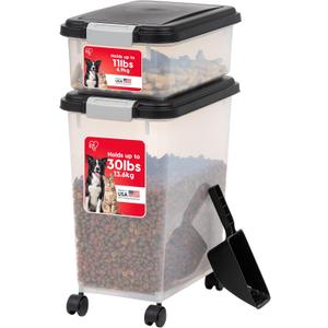 IRIS USA Dog Food Storage Container, 30 lbs & 11 lbs Combo, Cat Food Storage Container, Dog Treat Container, Airtight, Stackable, 2-Cup Scoop, Wheels, Easy Mobility, Black