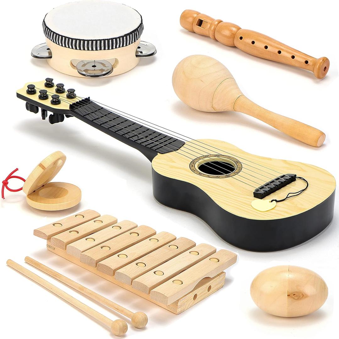 Wooden Musical Instruments for Toddlers  7-Piece Kids Music Set with Xylophone, Guitar & Percussion | Natural Wood, Non-Toxic | Ages 3+