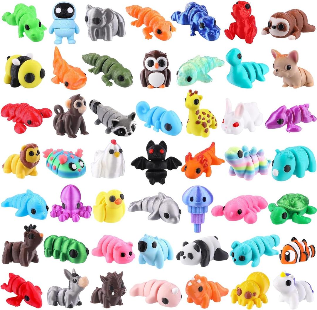Celltestria 50Pcs Mini 3D Printed Animals for Kids Little 3D Printed Figurines for Party Favors Gifts Exchange Flexible Articulated Fidget Toys for Classroom Prize Rewards Goodie Bags