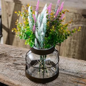 Sowlvenco Vintage Glass Vase for Modern Farmhouse Decor, Primitive Clear Vases with Lights and Artificial Plants, Rustic Country Vase for Shelf, Cottage Style Table Centerpiece