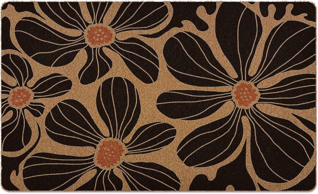 Boho Floral Door Mat, Black Coir Doormat, Flower Welcome Front Door Mat Indoor Outdoor Entrance for Camper, Botanical Rustic Artificial Doormat Rugs for Porch Entry Patio Kitchen 30x17in