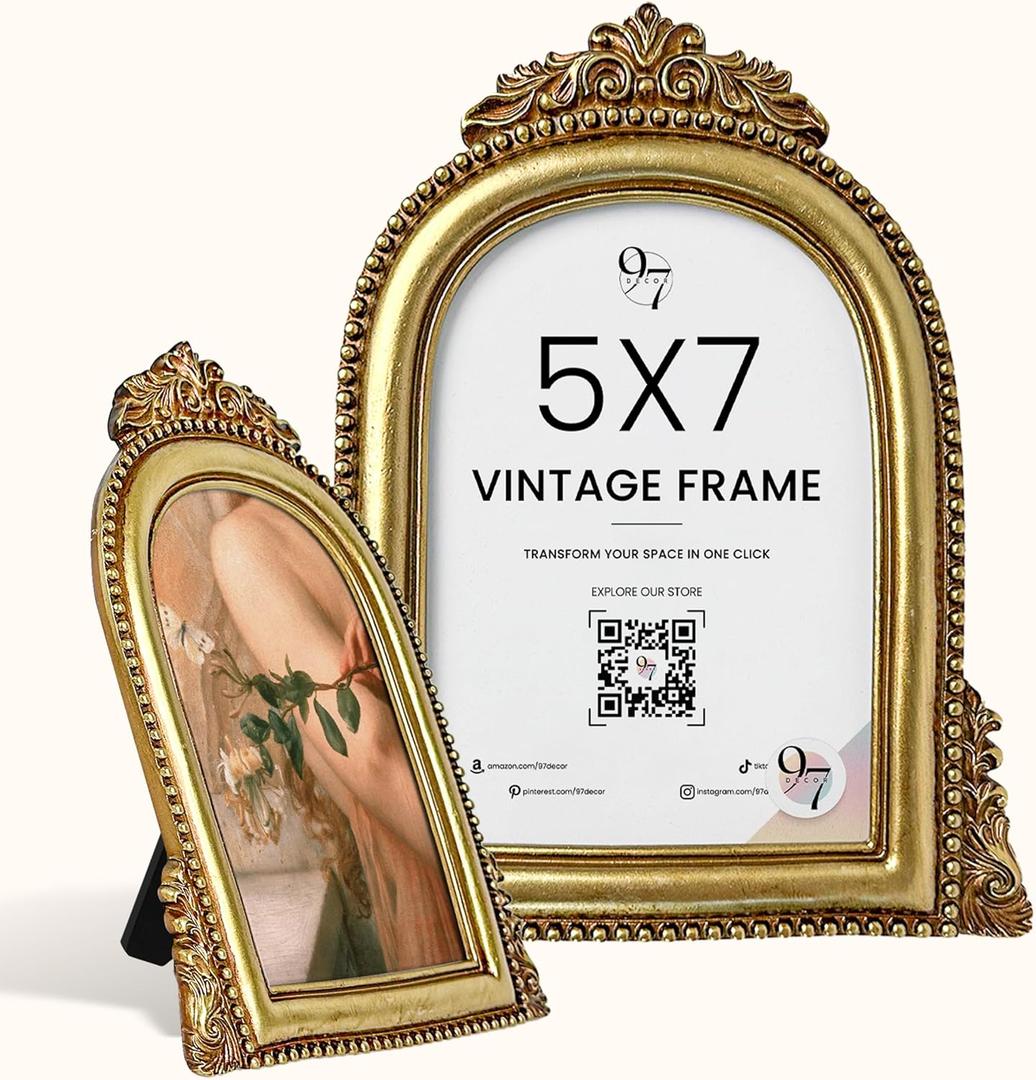 97 Decor Gold Vintage Picture Frames 5x7 - Vintage Gold Frame 5x7, Hand-crafted Resin Arched Antique Picture Frames 5 By 7 For Tabletop & Wall Hanging, Decorative Ornate 5 x 7 Frame For Home Bedroom