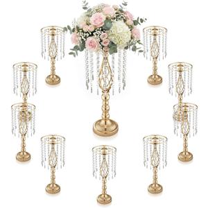 10 Pcs 21.5 Tall Gold Centerpieces for Table, Open Lattice Midsection Trumpet Base Vase Stands with Hanging Crystals, Metal Flower Holders for Wedding Receptions,Parties & Event Decor